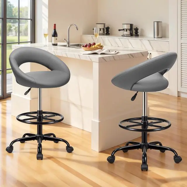 Alt view image 2 of 7 - Ergonomic Drafting Chair, Height Adjustable Rolling Stool, Gray | 360° Swivel PU Leather Stool with Wheels & Foot Rest for Home Office, Standing Desk Kitchen Garage Salon Shop Vanity, 2 Pack