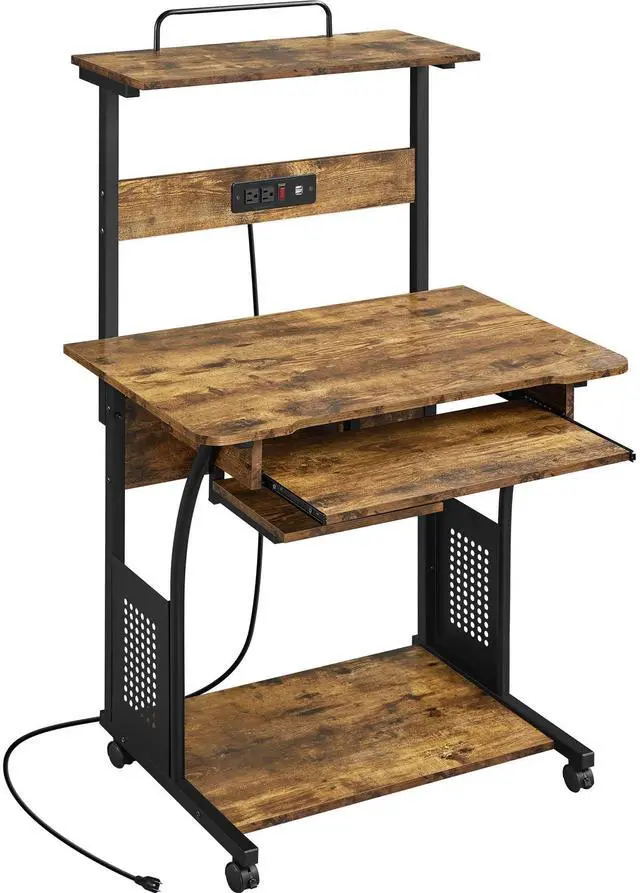 Main image of 3 Tiers Rolling Computer Desk with Power Outlet and USB Ports for Space Saving, Home Office Desk with Keyboard Tray and Printer Shelf on Wheels, Laptop PC Workstation Table, Rustic Brown