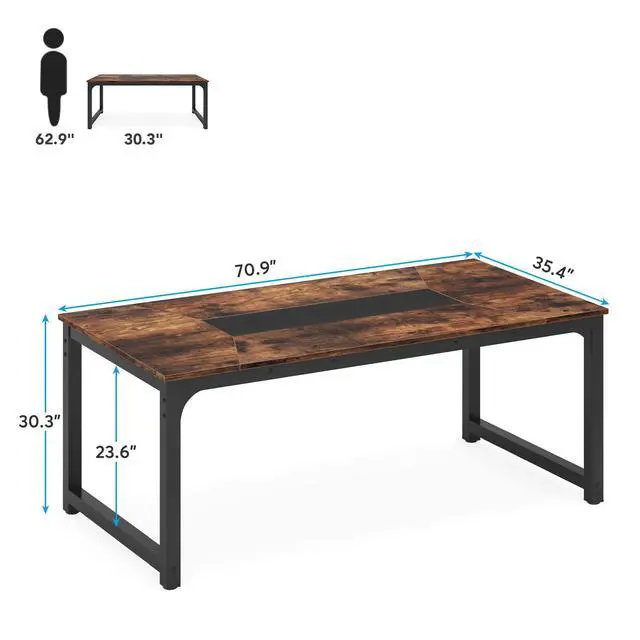 Alt view image 2 of 7 - Conference Table, 6FT Meeting Seminar Table Rectangular Meeting Room Table, 70.9L x 35.4W x 30.3H, Rustic Brown/Black