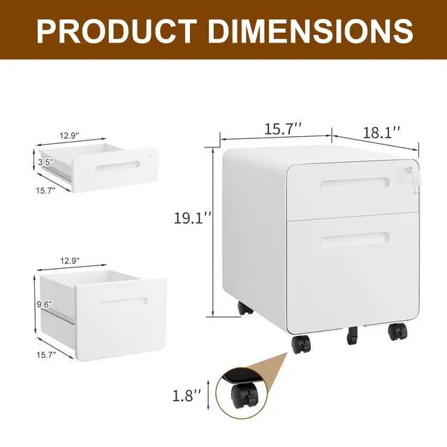 Alt view image 3 of 7 - 2 Drawer Mobile Low Profile File Cabinet with Lock and 4 Keys | Metal Filing Cabinet for Home Office, Under Desk, Pre-Assembly, File Drawer, Letter/Legal/A4 Hanging File Folders