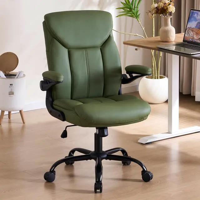 Main image of Leather Executive Office Chair - Green Ergonomic Computer Desk Chair | Flip-up Arms,PU Leather,Mid Back Support,Adjustable Height,Swivel Rolling Wheels for Short People Study Work for Small Space