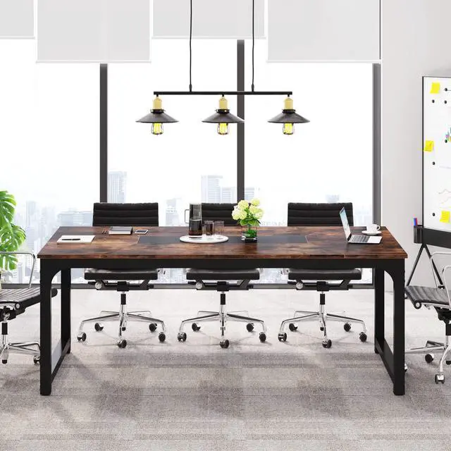 Alt view image 3 of 7 - Conference Table, 6FT Meeting Seminar Table Rectangular Meeting Room Table, 70.9L x 35.4W x 30.3H, Rustic Brown/Black