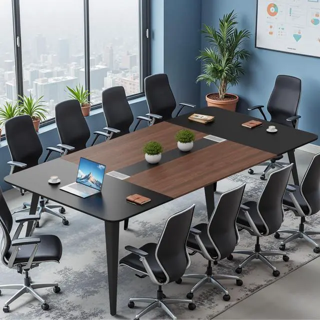 Main image of 8FT Conference Table, 94.48 Meeting Seminar Table with Cable Grommets, Boardroom Table Workstation for Meeting Room, Office Conference (Black & Walnut)
