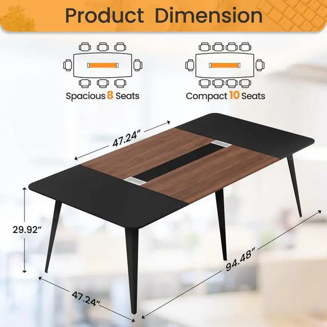 Alt view image 2 of 7 - 8FT Conference Table, 94.48 Meeting Seminar Table with Cable Grommets, Boardroom Table Workstation for Meeting Room, Office Conference (Black & Walnut)