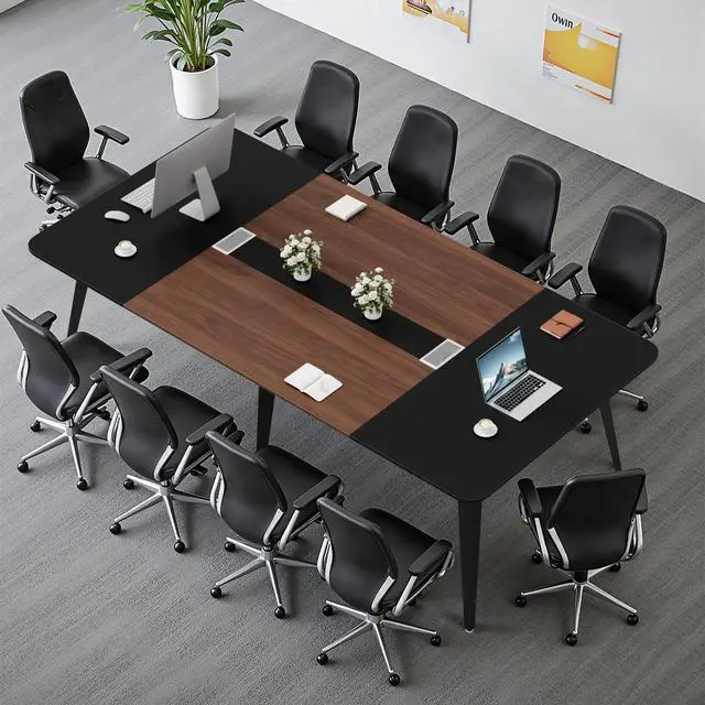Alt view image 5 of 7 - 8FT Conference Table, 94.48 Meeting Seminar Table with Cable Grommets, Boardroom Table Workstation for Meeting Room, Office Conference (Black & Walnut)