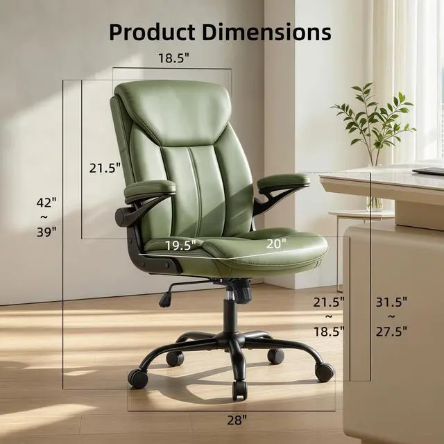 Alt view image 2 of 6 - Leather Executive Office Chair - Green Ergonomic Computer Desk Chair | Flip-up Arms,PU Leather,Mid Back Support,Adjustable Height,Swivel Rolling Wheels for Short People Study Work for Small Space