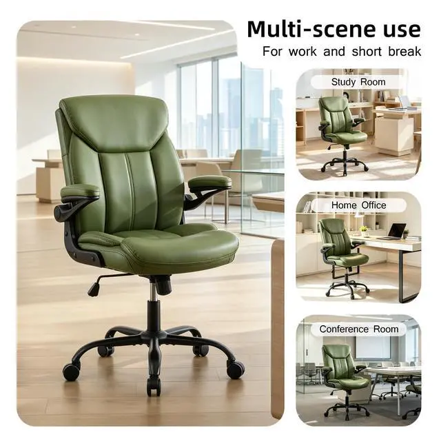 Alt view image 3 of 6 - Leather Executive Office Chair - Green Ergonomic Computer Desk Chair | Flip-up Arms,PU Leather,Mid Back Support,Adjustable Height,Swivel Rolling Wheels for Short People Study Work for Small Space