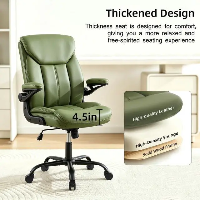Alt view image 5 of 6 - Leather Executive Office Chair - Green Ergonomic Computer Desk Chair | Flip-up Arms,PU Leather,Mid Back Support,Adjustable Height,Swivel Rolling Wheels for Short People Study Work for Small Space