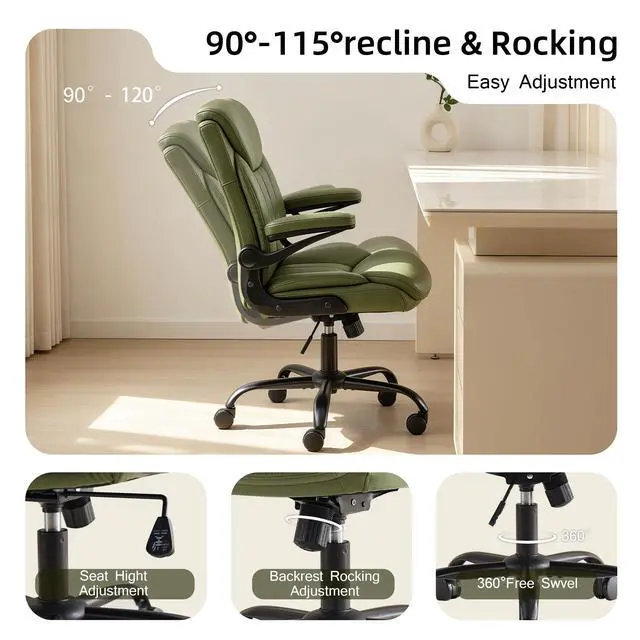 Alt view image 6 of 6 - Leather Executive Office Chair - Green Ergonomic Computer Desk Chair | Flip-up Arms,PU Leather,Mid Back Support,Adjustable Height,Swivel Rolling Wheels for Short People Study Work for Small Space