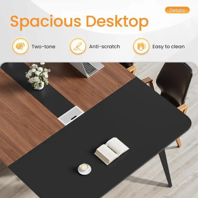 Alt view image 6 of 7 - 8FT Conference Table, 94.48 Meeting Seminar Table with Cable Grommets, Boardroom Table Workstation for Meeting Room, Office Conference (Black & Walnut)