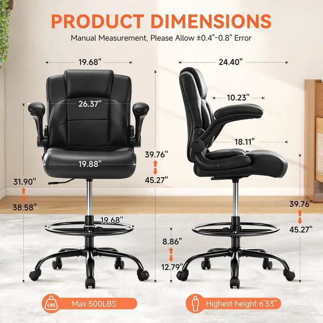 Alt view image 2 of 7 - Pu Leather Drafting Chair,Tall Office Chair for Standing Desk with Footring,Counter Height Adjustable High Office Chair with Flip-up Armrests for Home,Drawing