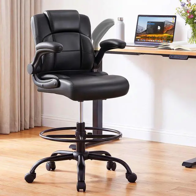 Main image of Pu Leather Drafting Chair,Tall Office Chair for Standing Desk with Footring,Counter Height Adjustable High Office Chair with Flip-up Armrests for Home,Drawing