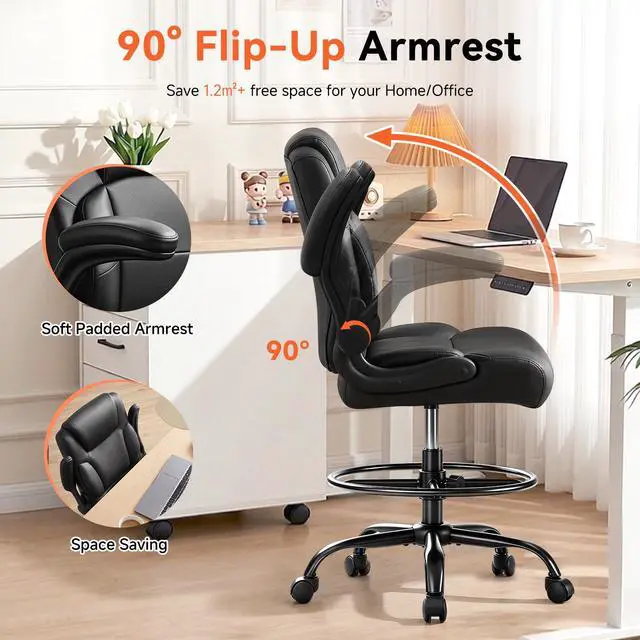 Alt view image 3 of 7 - Pu Leather Drafting Chair,Tall Office Chair for Standing Desk with Footring,Counter Height Adjustable High Office Chair with Flip-up Armrests for Home,Drawing