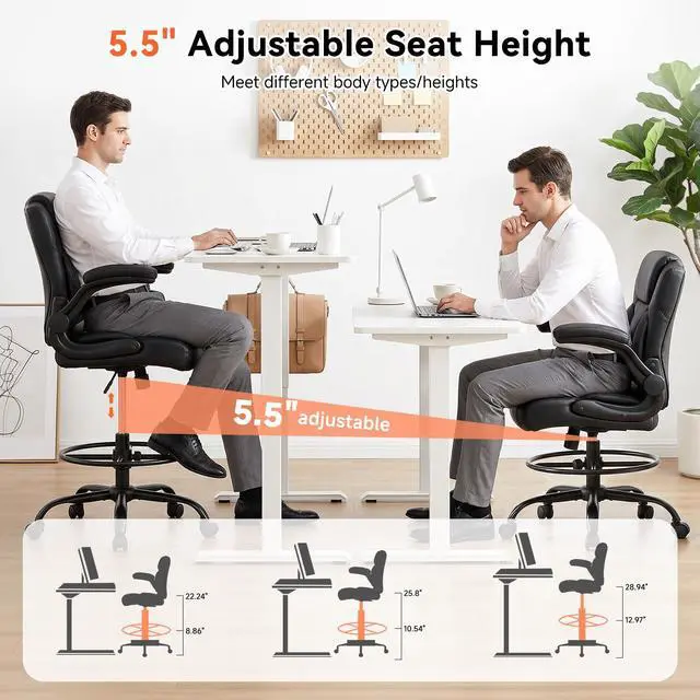 Alt view image 4 of 7 - Pu Leather Drafting Chair,Tall Office Chair for Standing Desk with Footring,Counter Height Adjustable High Office Chair with Flip-up Armrests for Home,Drawing