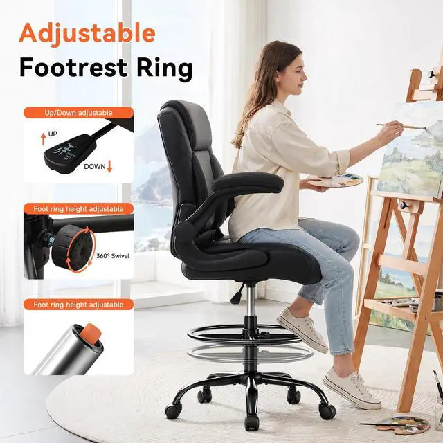 Alt view image 6 of 7 - Pu Leather Drafting Chair,Tall Office Chair for Standing Desk with Footring,Counter Height Adjustable High Office Chair with Flip-up Armrests for Home,Drawing