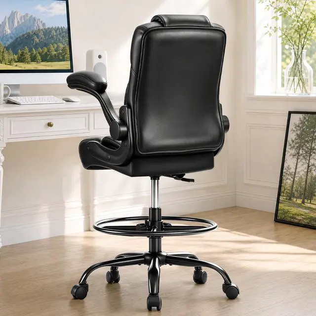 Alt view image 7 of 7 - Pu Leather Drafting Chair,Tall Office Chair for Standing Desk with Footring,Counter Height Adjustable High Office Chair with Flip-up Armrests for Home,Drawing