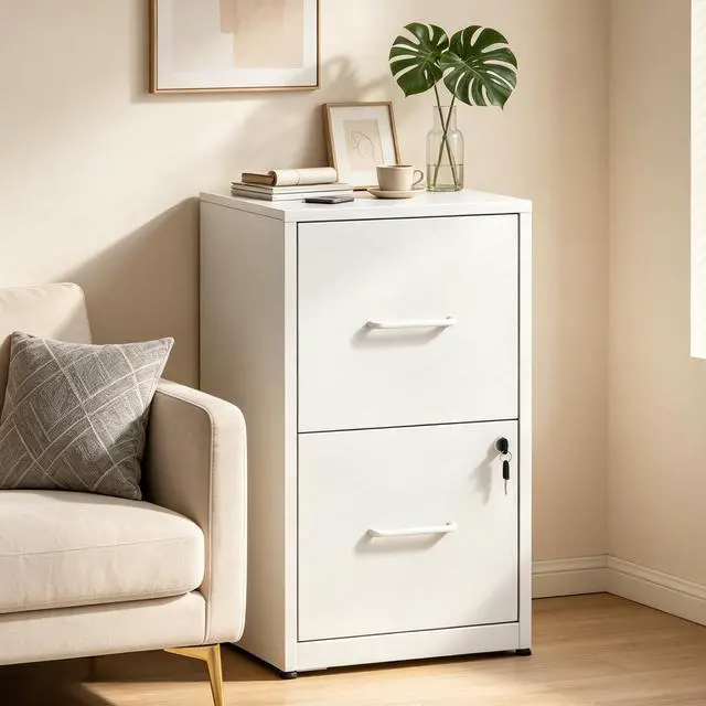 Alt view image 2 of 7 - 2 Drawer File Cabinet with Lock, Metal Filing Cabinet, White | 25.6" H x 15.0" W x 17.7" D, Vertical Small Locking Metal File Cabinet with Letter Size Hanging Files, for Home Office