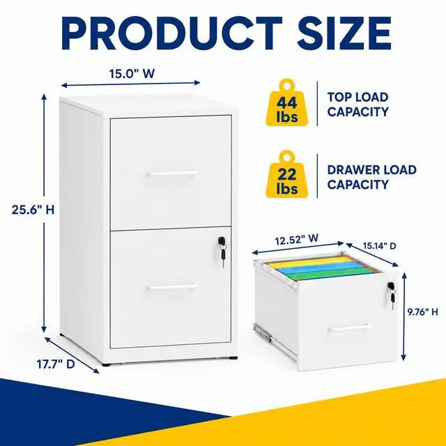 Alt view image 3 of 7 - 2 Drawer File Cabinet with Lock, Metal Filing Cabinet, White | 25.6" H x 15.0" W x 17.7" D, Vertical Small Locking Metal File Cabinet with Letter Size Hanging Files, for Home Office