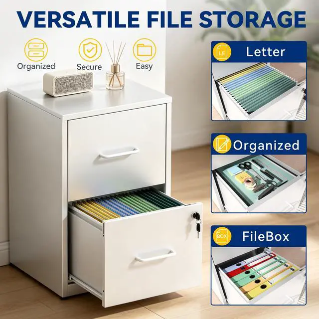 Alt view image 4 of 7 - 2 Drawer File Cabinet with Lock, Metal Filing Cabinet, White | 25.6" H x 15.0" W x 17.7" D, Vertical Small Locking Metal File Cabinet with Letter Size Hanging Files, for Home Office
