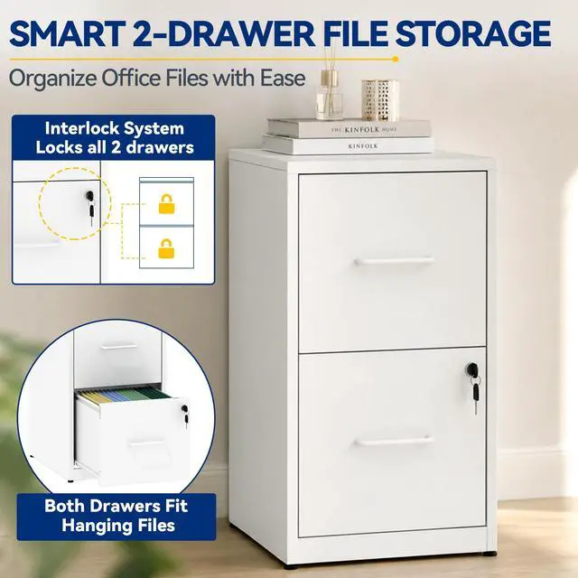 Alt view image 5 of 7 - 2 Drawer File Cabinet with Lock, Metal Filing Cabinet, White | 25.6" H x 15.0" W x 17.7" D, Vertical Small Locking Metal File Cabinet with Letter Size Hanging Files, for Home Office