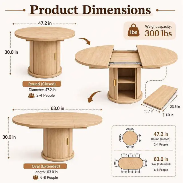 Alt view image 2 of 7 - 47 63" Wooden Extendable Round Conference Table 4-6-8 People | Convertible Oval Meeting Table,Office Table with Hidden Storage Shelf,Home Office, Apartment Kitchen Dining Room, Natural