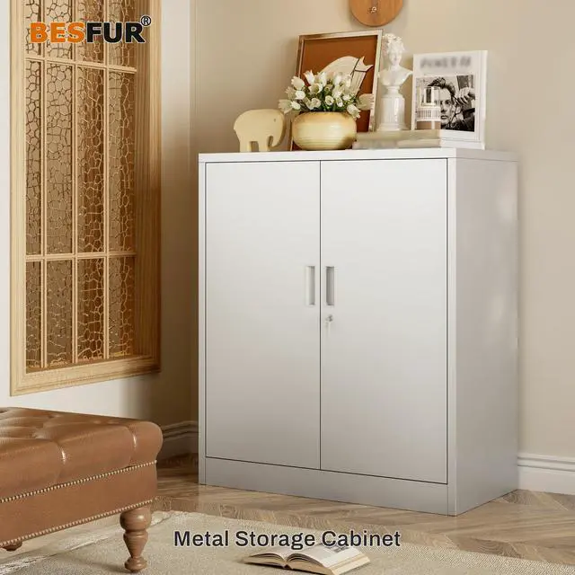 Alt view image 2 of 7 - Metal Storage Cabinet, Garage Storage Cabinet with 2 Adjustable Shelves, Locking Short Storage Cabinet for Office Garage Home, White Metal Cabinets (36" H x 31.5" W x 16" D)
