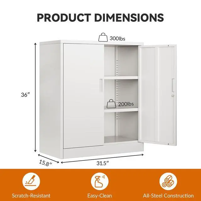 Alt view image 3 of 7 - Metal Storage Cabinet, Garage Storage Cabinet with 2 Adjustable Shelves, Locking Short Storage Cabinet for Office Garage Home, White Metal Cabinets (36" H x 31.5" W x 16" D)