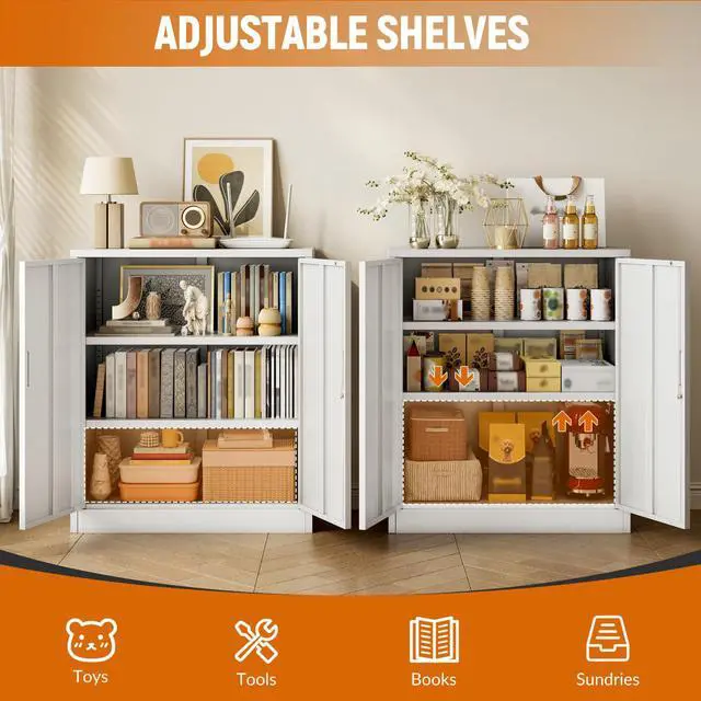 Alt view image 5 of 7 - Metal Storage Cabinet, Garage Storage Cabinet with 2 Adjustable Shelves, Locking Short Storage Cabinet for Office Garage Home, White Metal Cabinets (36" H x 31.5" W x 16" D)