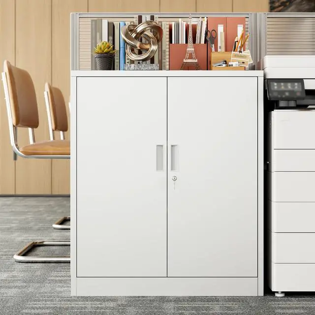 Alt view image 7 of 7 - Metal Storage Cabinet, Garage Storage Cabinet with 2 Adjustable Shelves, Locking Short Storage Cabinet for Office Garage Home, White Metal Cabinets (36" H x 31.5" W x 16" D)