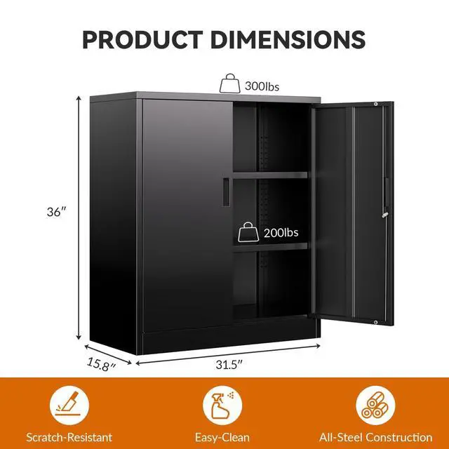 Alt view image 3 of 7 - Metal Storage Cabinet, Garage Storage Cabinet with 2 Adjustable Shelves, Locking Short Storage Cabinet for Office Garage Home, Black Metal Cabinets (36" H x 31.5" W x 16" D)