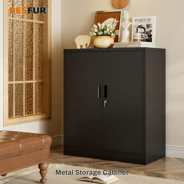 Alt view image 4 of 7 - Metal Storage Cabinet, Garage Storage Cabinet with 2 Adjustable Shelves, Locking Short Storage Cabinet for Office Garage Home, Black Metal Cabinets (36" H x 31.5" W x 16" D)