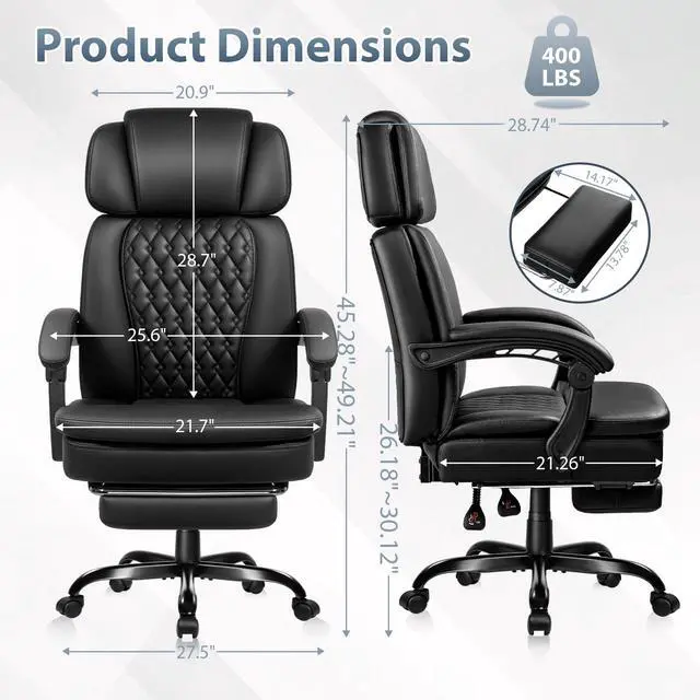 Alt view image 3 of 7 - Executive Office Chair with Foot Rest, PU Leather Computer Chair | Reclining Ergonomic Office Chair, 360° Swivel & Adjustable Height, 400LBS Heavy Duty Desk Chair for Home Office, Black