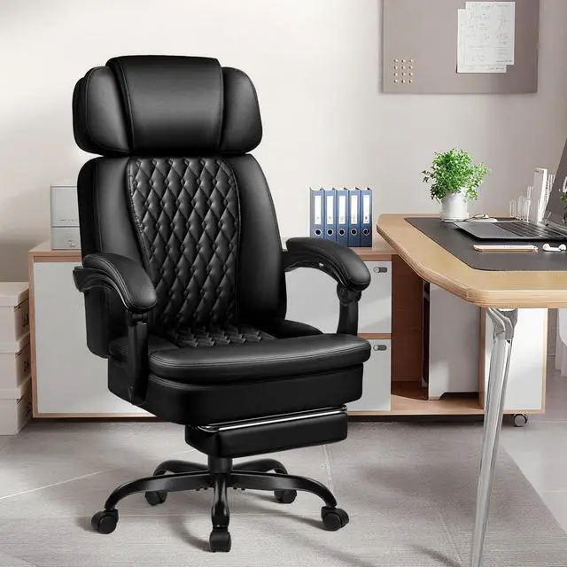 Alt view image 2 of 7 - Executive Office Chair with Foot Rest, PU Leather Computer Chair | Reclining Ergonomic Office Chair, 360° Swivel & Adjustable Height, 400LBS Heavy Duty Desk Chair for Home Office, Black