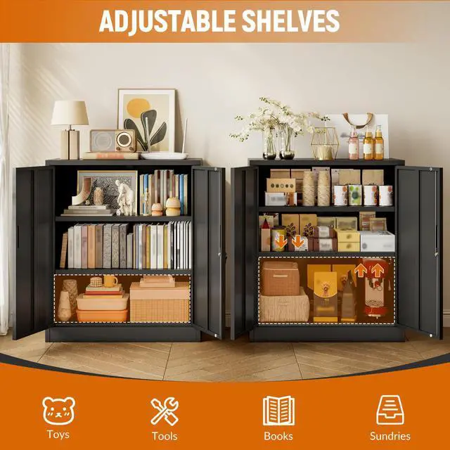 Alt view image 7 of 7 - Metal Storage Cabinet, Garage Storage Cabinet with 2 Adjustable Shelves, Locking Short Storage Cabinet for Office Garage Home, Black Metal Cabinets (36" H x 31.5" W x 16" D)