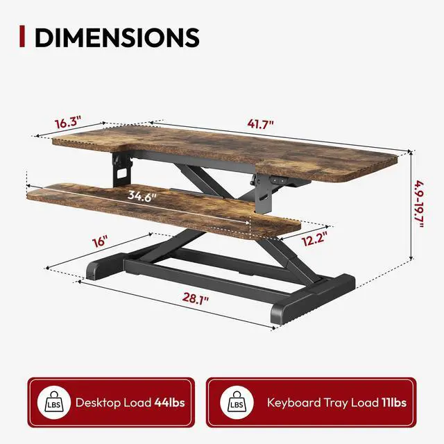 Alt view image 2 of 5 - Standing Desk Converter with Electric Motor 42" Height Adjustable Riser for Office Home,Dual Monitor and Laptop Workstation with Large Keyboard Tray, Rustic Color
