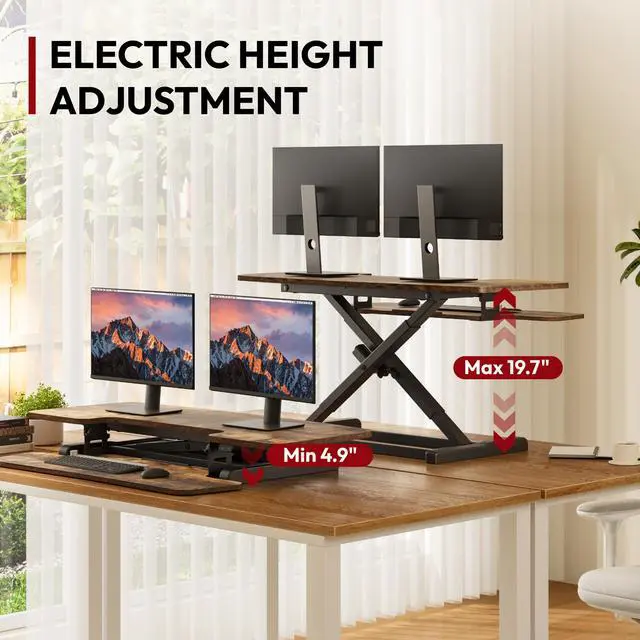 Alt view image 3 of 5 - Standing Desk Converter with Electric Motor 42" Height Adjustable Riser for Office Home,Dual Monitor and Laptop Workstation with Large Keyboard Tray, Rustic Color