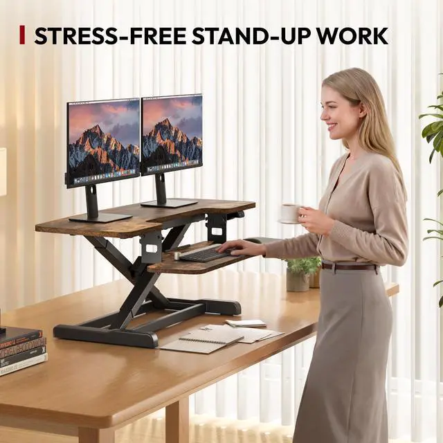 Alt view image 4 of 5 - Standing Desk Converter with Electric Motor 42" Height Adjustable Riser for Office Home,Dual Monitor and Laptop Workstation with Large Keyboard Tray, Rustic Color