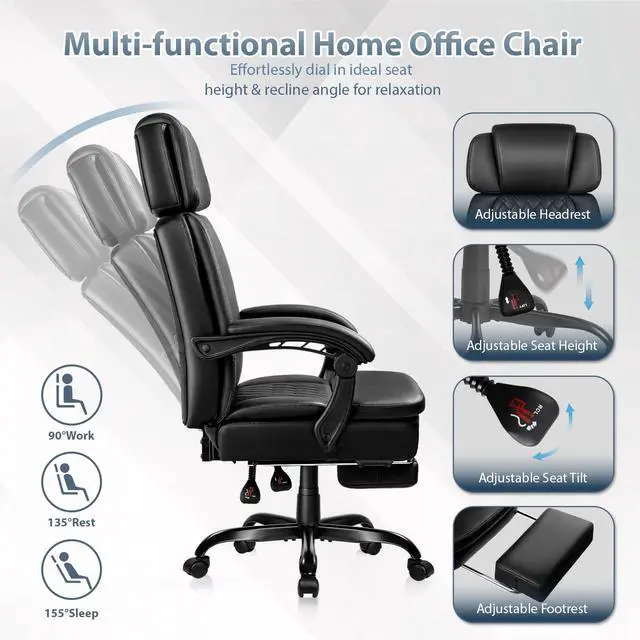 Alt view image 4 of 7 - Executive Office Chair with Foot Rest, PU Leather Computer Chair | Reclining Ergonomic Office Chair, 360° Swivel & Adjustable Height, 400LBS Heavy Duty Desk Chair for Home Office, Black