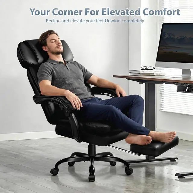 Alt view image 6 of 7 - Executive Office Chair with Foot Rest, PU Leather Computer Chair | Reclining Ergonomic Office Chair, 360° Swivel & Adjustable Height, 400LBS Heavy Duty Desk Chair for Home Office, Black