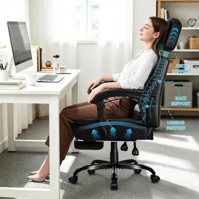 Alt view image 5 of 7 - Executive Office Chair with Foot Rest, PU Leather Computer Chair | Reclining Ergonomic Office Chair, 360° Swivel & Adjustable Height, 400LBS Heavy Duty Desk Chair for Home Office, Black