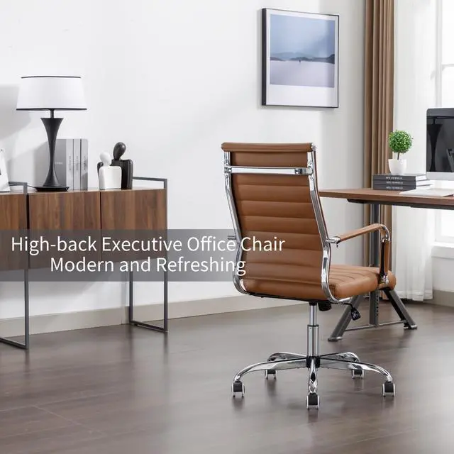 Alt view image 3 of 6 - Office Desk Chair Leather, Conference Room Chairs with Wheels, Executive Modern High Back Ergonomic Swivel Rolling Ribbed Computer Chair