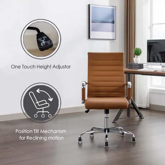 Alt view image 4 of 6 - Office Desk Chair Leather, Conference Room Chairs with Wheels, Executive Modern High Back Ergonomic Swivel Rolling Ribbed Computer Chair