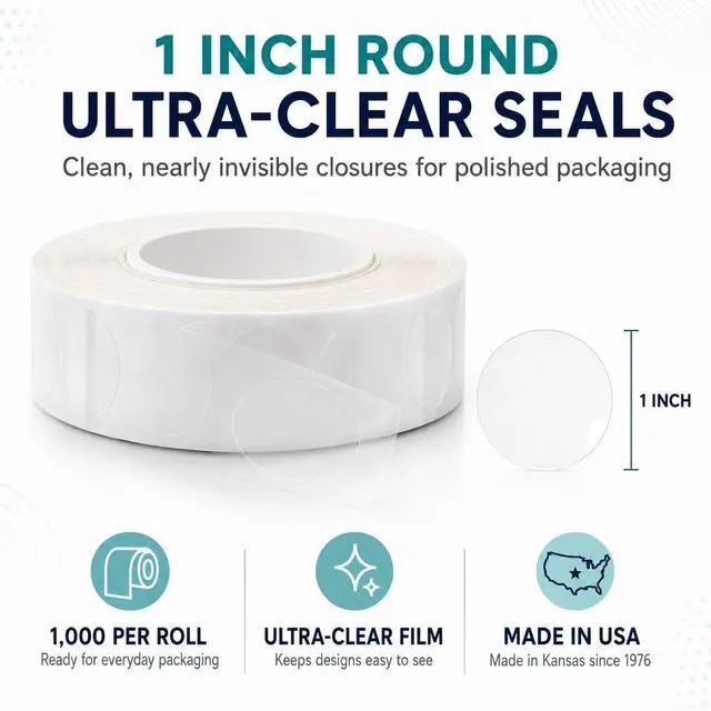 Alt view image 2 of 5 - Clear Wafer Seals, 1 Inch Round Stickers, 1000/Roll for Mailing | Transparent Polypropylene Package Closures: Envelopes, Gift Bags, Retail Packaging, Product Boxes and Brochures. Made in USA