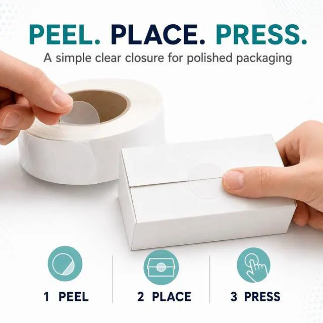 Alt view image 3 of 5 - Clear Wafer Seals, 1 Inch Round Stickers, 1000/Roll for Mailing | Transparent Polypropylene Package Closures: Envelopes, Gift Bags, Retail Packaging, Product Boxes and Brochures. Made in USA