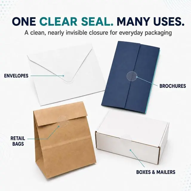 Alt view image 5 of 5 - Clear Wafer Seals, 1 Inch Round Stickers, 1000/Roll for Mailing | Transparent Polypropylene Package Closures: Envelopes, Gift Bags, Retail Packaging, Product Boxes and Brochures. Made in USA