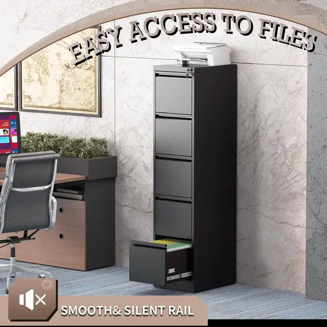 Alt view image 5 of 7 - 5 Drawer Vertical File Cabinet with Lock, Metal Filing Cabinets for Home Office, Heavy Duty File Storage Cabinet for Legal/Letter/A4 Documents, Easy to Assemble, Black