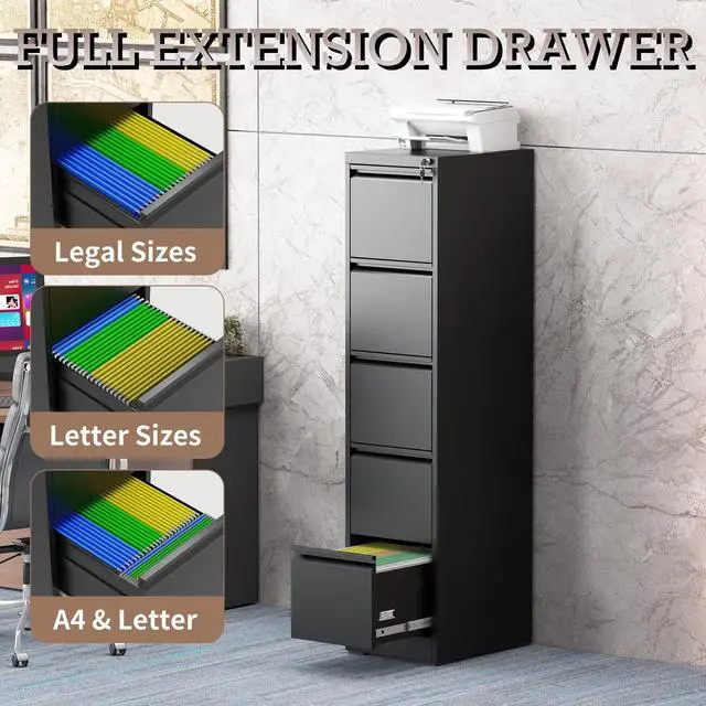 Alt view image 6 of 7 - 5 Drawer Vertical File Cabinet with Lock, Metal Filing Cabinets for Home Office, Heavy Duty File Storage Cabinet for Legal/Letter/A4 Documents, Easy to Assemble, Black