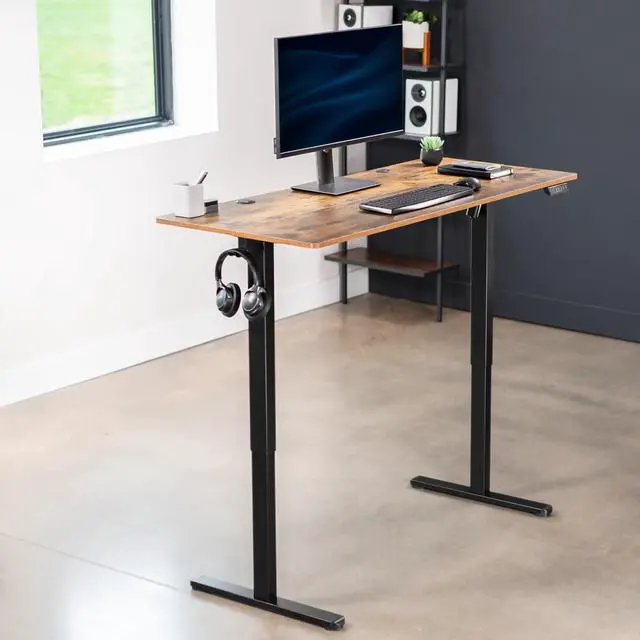 Alt view image 2 of 7 - Electric 55 x 24 in Standing Desk, Memory Height Adjustment, Rustic Vintage Brown Top Black Frame, DESK-E155TN