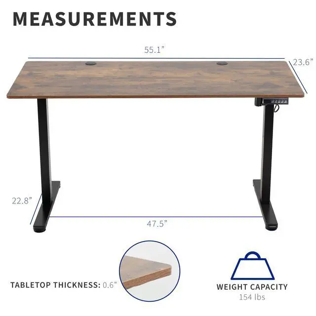Alt view image 3 of 7 - Electric 55 x 24 in Standing Desk, Memory Height Adjustment, Rustic Vintage Brown Top Black Frame, DESK-E155TN