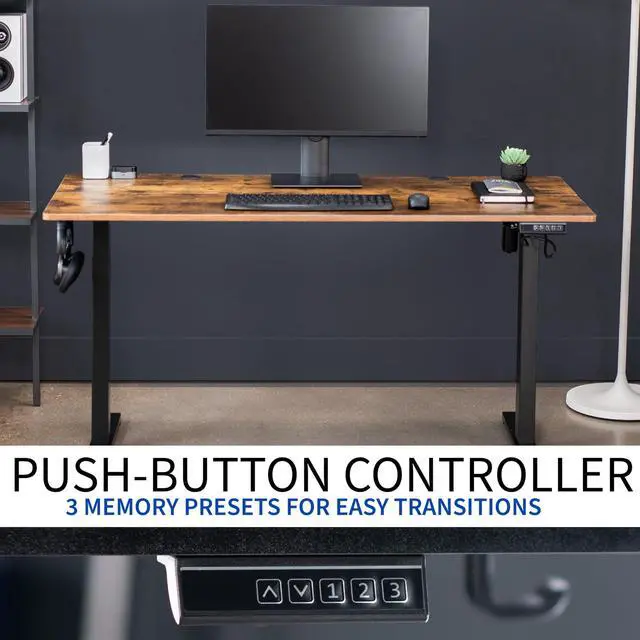 Alt view image 5 of 7 - Electric 55 x 24 in Standing Desk, Memory Height Adjustment, Rustic Vintage Brown Top Black Frame, DESK-E155TN